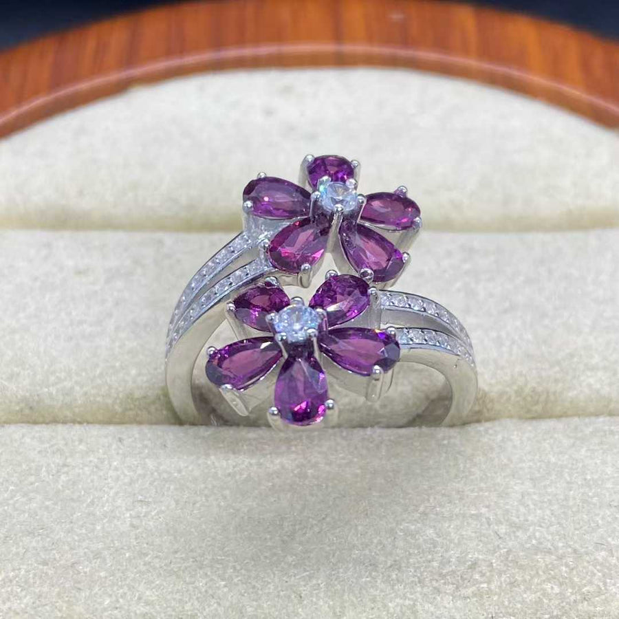 Natural Rhodolite Garnet Flower Ring in 925 Sterling Silver, 3×5mm Gemstones