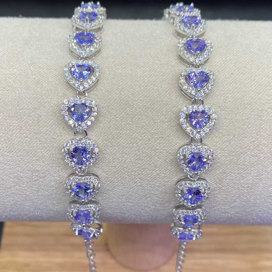 Natural Tanzanite Heart Bracelet in 925 Sterling Silver, 4mm Gemstones