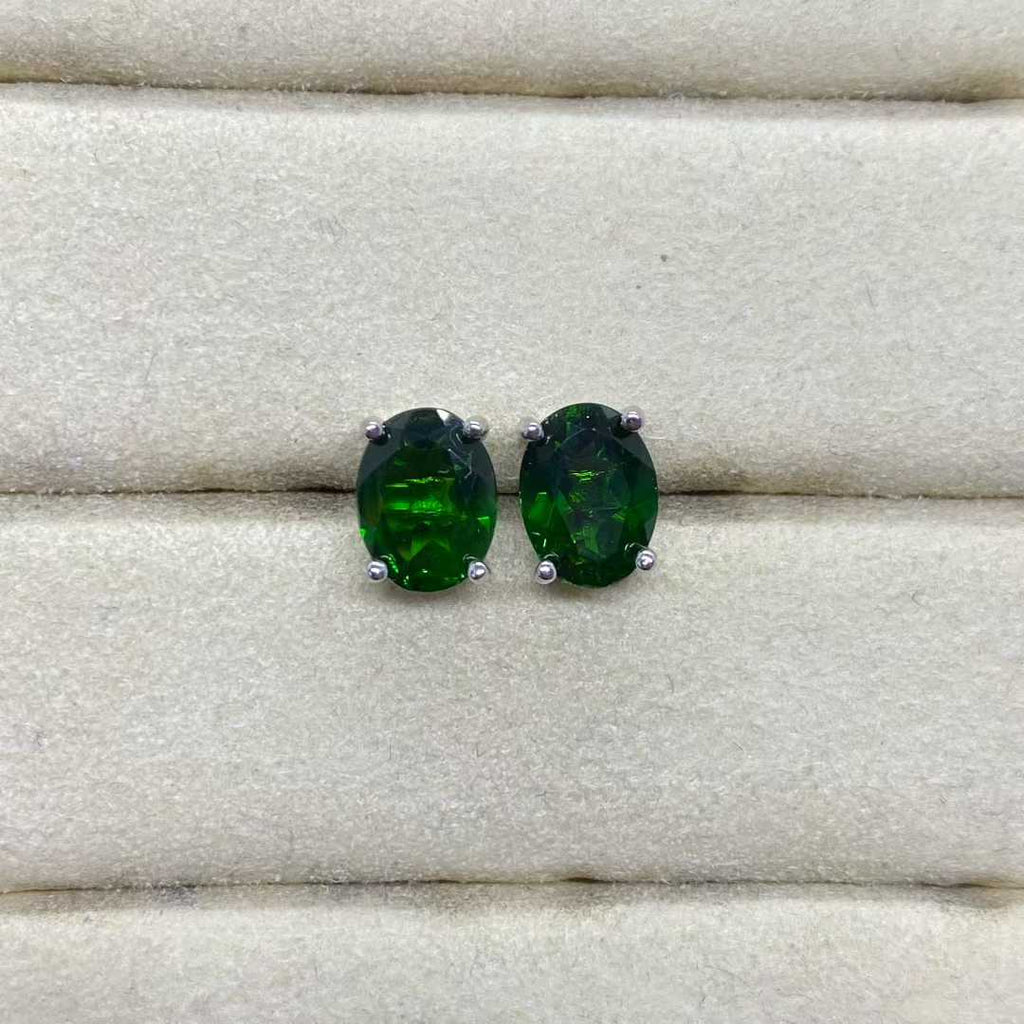 Natural Diopside Stud Earrings in 925 Sterling Silver, 6×8mm Oval Gemstones