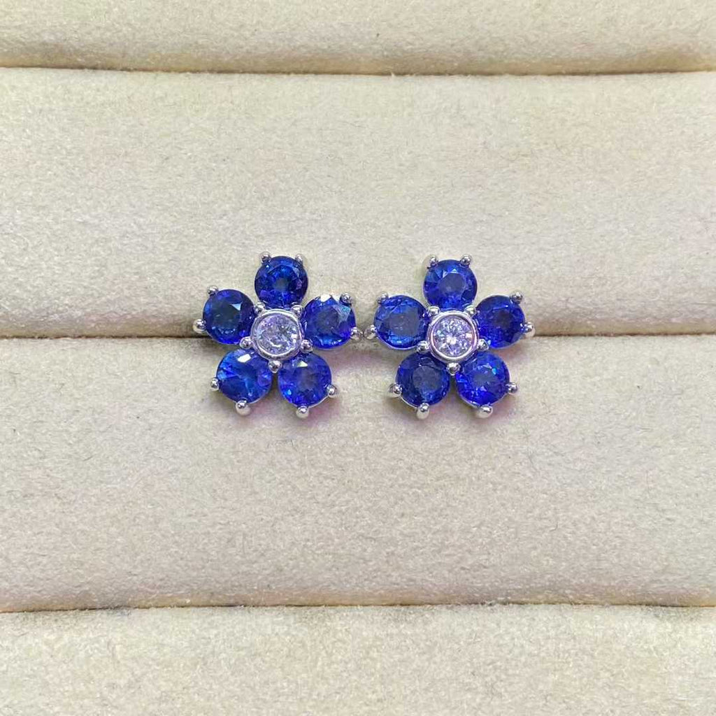 Natural Blue Sapphire Floral Stud Earrings in 925 Sterling Silver, 3.5mm Gemstones