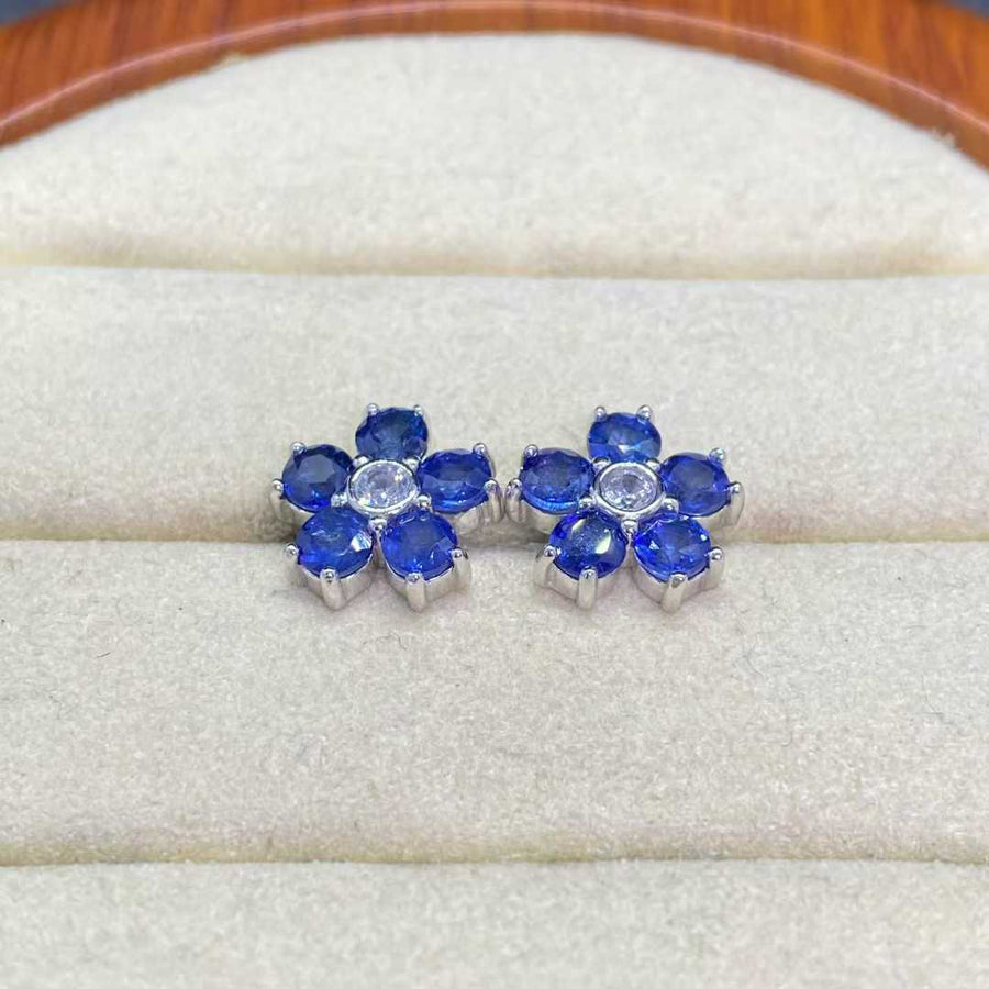 Natural Blue Sapphire Floral Stud Earrings in 925 Sterling Silver, 3.5mm Gemstones
