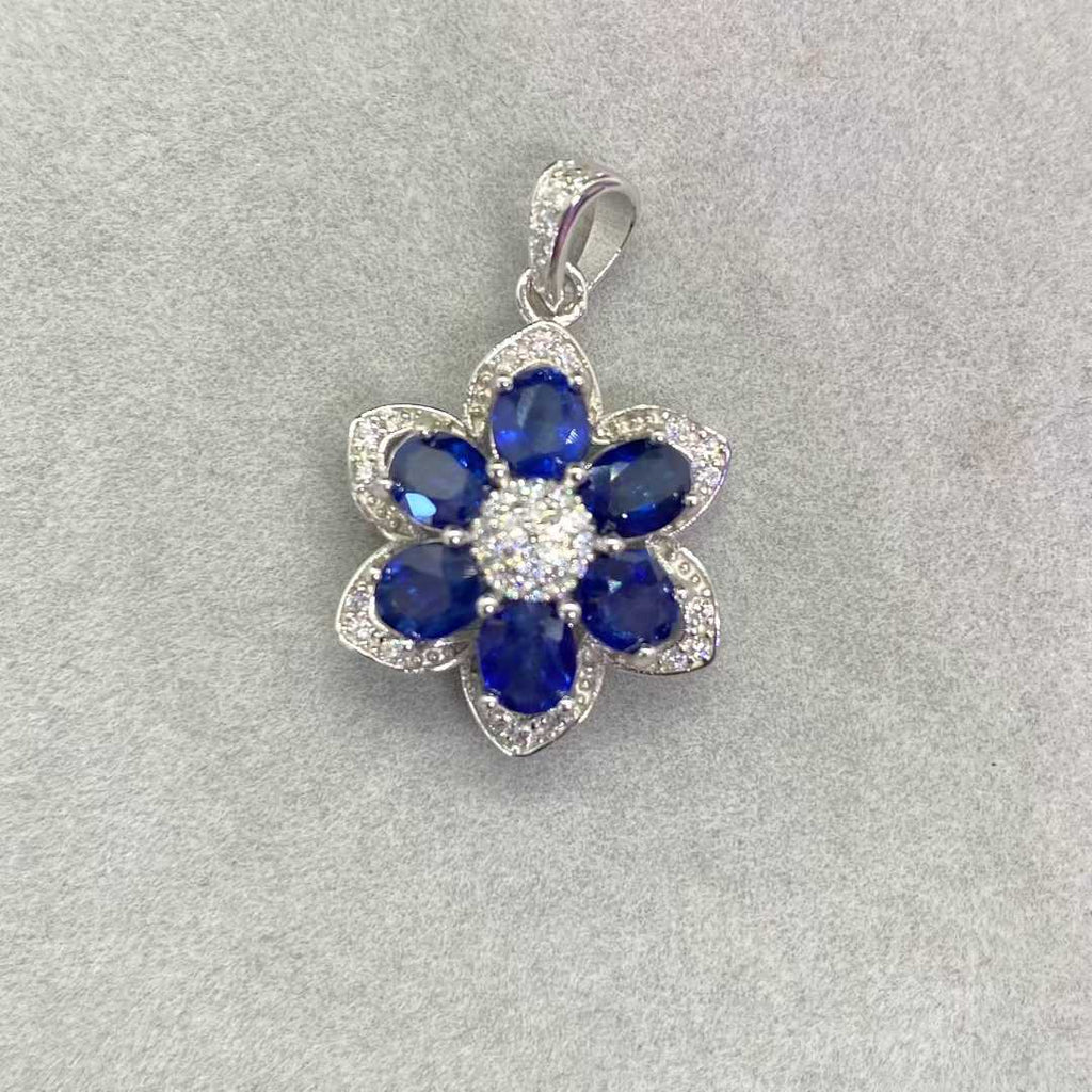 Natural Blue Sapphire Flower Pendant in 925 Sterling Silver, 4x5mm Gemstones