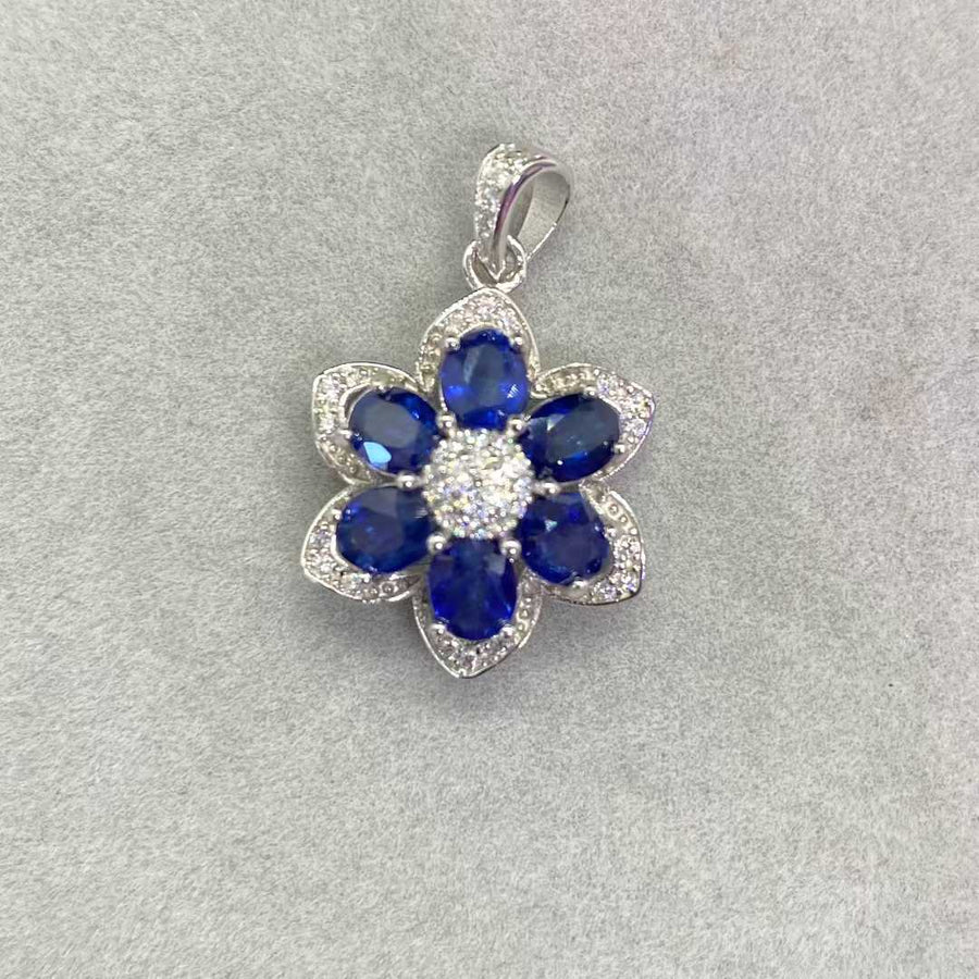 Natural Blue Sapphire Flower Pendant in 925 Sterling Silver, 4x5mm Gemstones