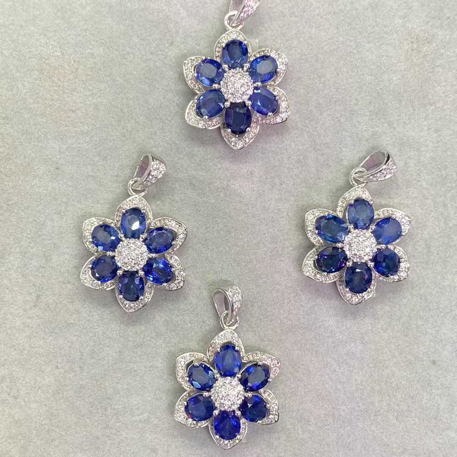 Natural Blue Sapphire Flower Pendant in 925 Sterling Silver, 4x5mm Gemstones