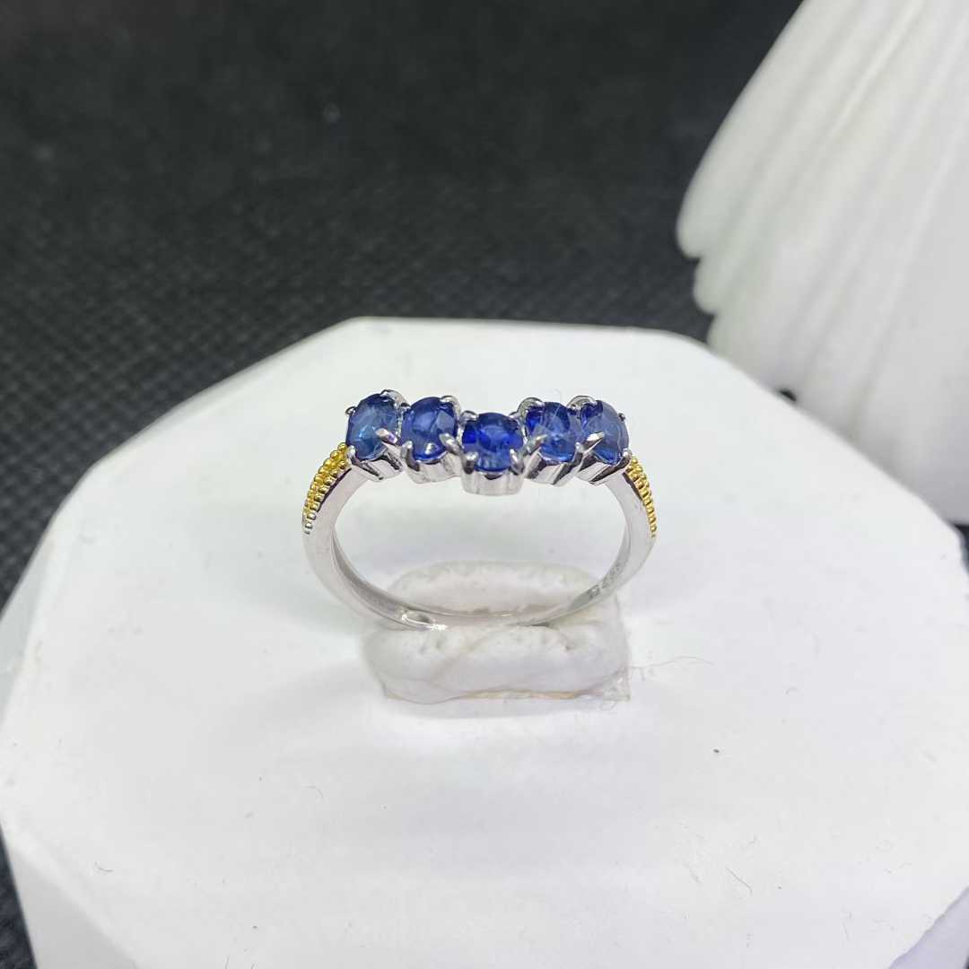 Natural Blue Sapphire Five-Stone Ring in 925 Sterling Silver, 3x4mm Gemstones