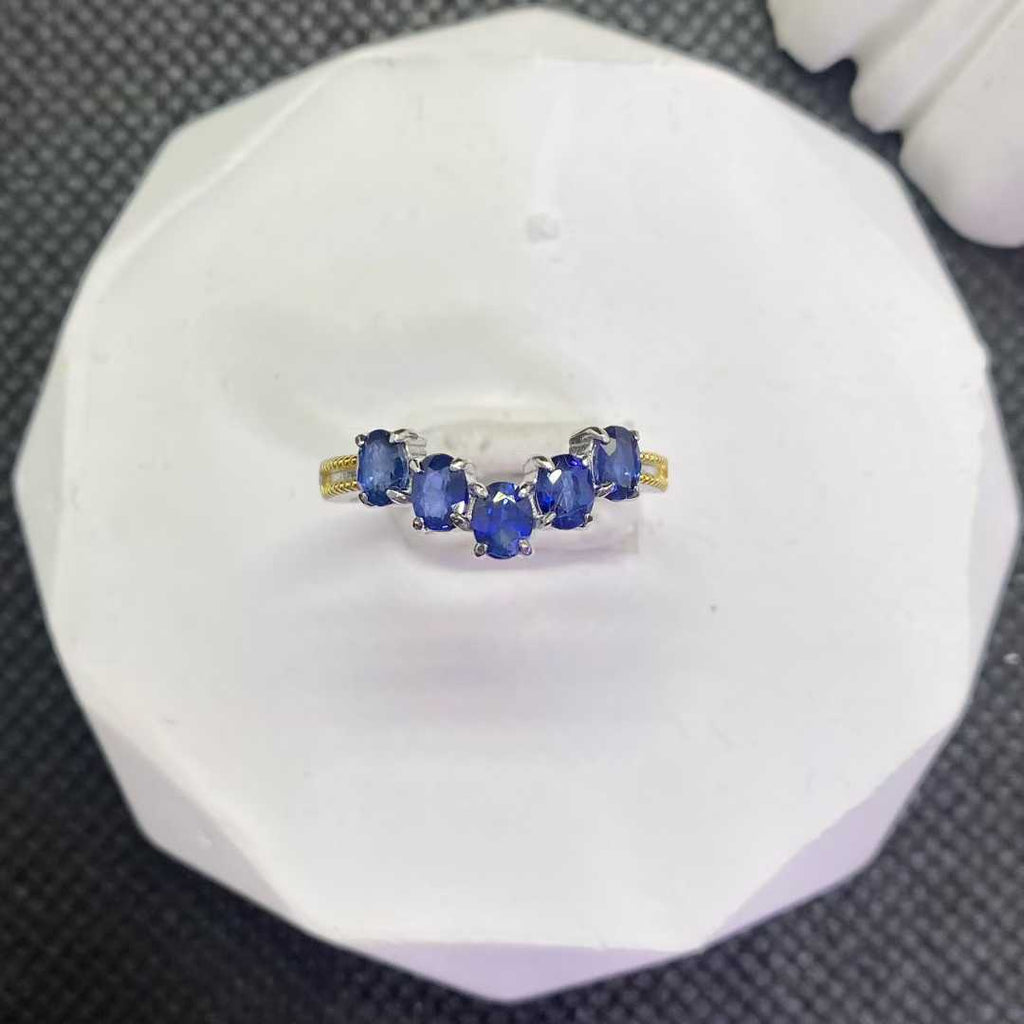 Natural Blue Sapphire Five-Stone Ring in 925 Sterling Silver, 3x4mm Gemstones