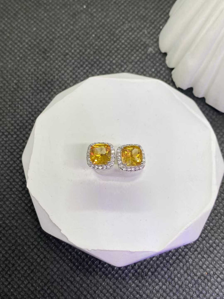 Natural Citrine Cushion Halo Stud Earrings in 925 Sterling Silver, 6mm Gemstones