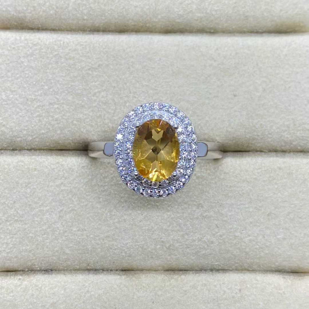 Natural Citrine Double Halo Ring in 925 Sterling Silver, 6x8mm Gemstone