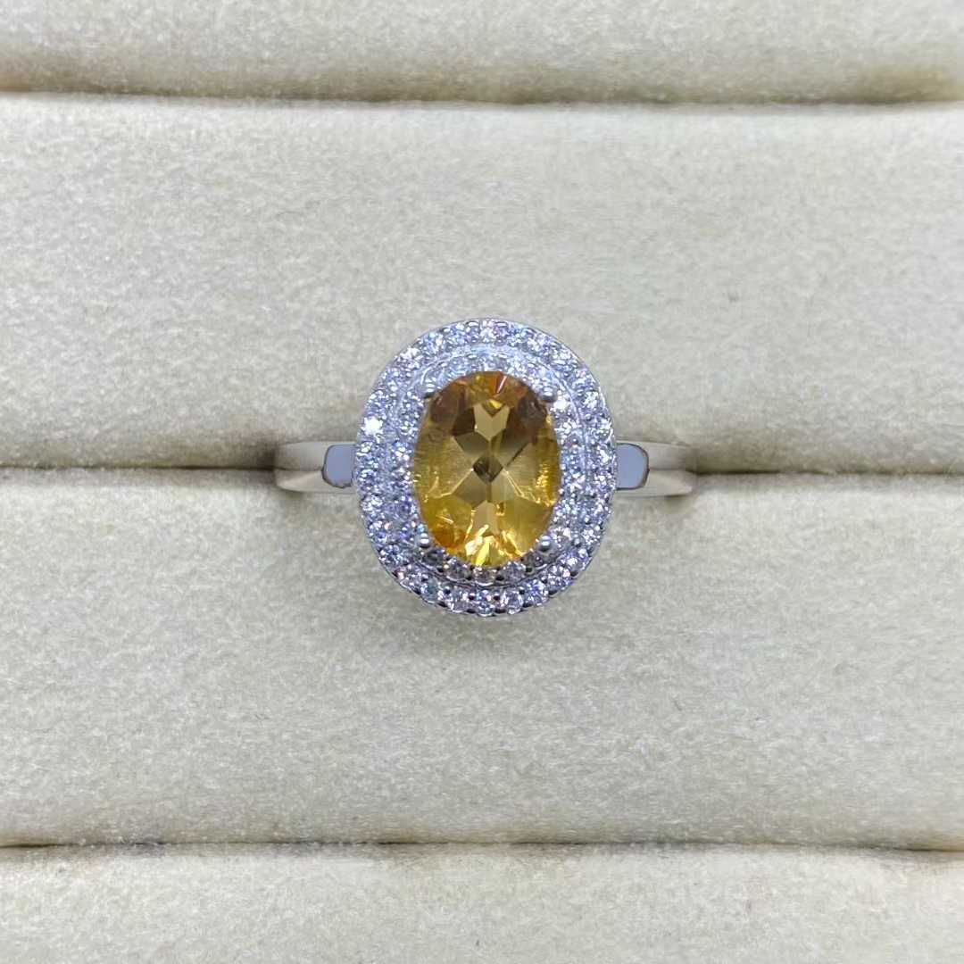 Natural Citrine Double Halo Ring in 925 Sterling Silver, 6x8mm Gemstone