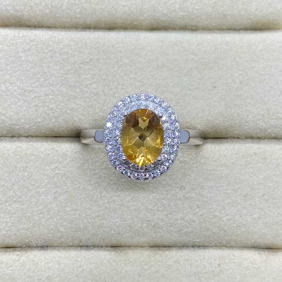 Natural Citrine Double Halo Ring in 925 Sterling Silver, 6x8mm Gemstone