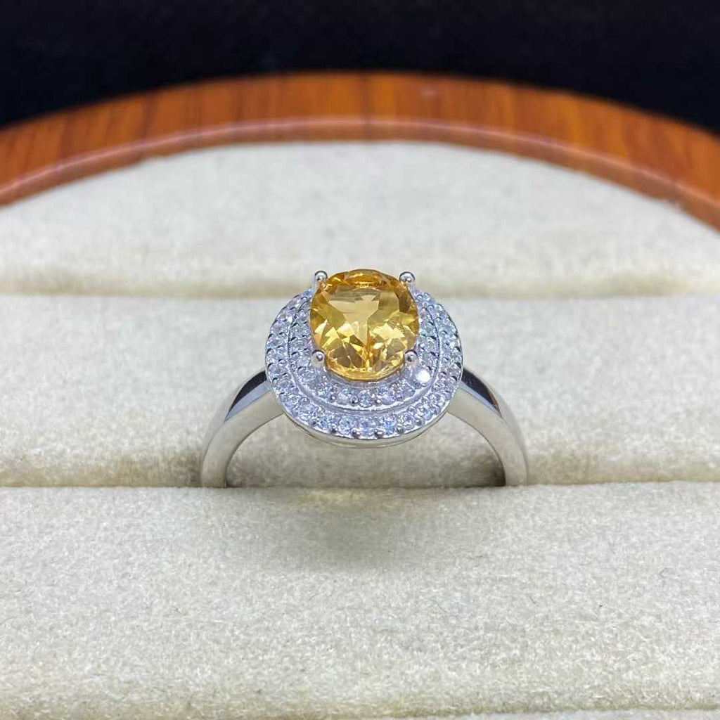 Natural Citrine Double Halo Ring in 925 Sterling Silver, 6x8mm Gemstone