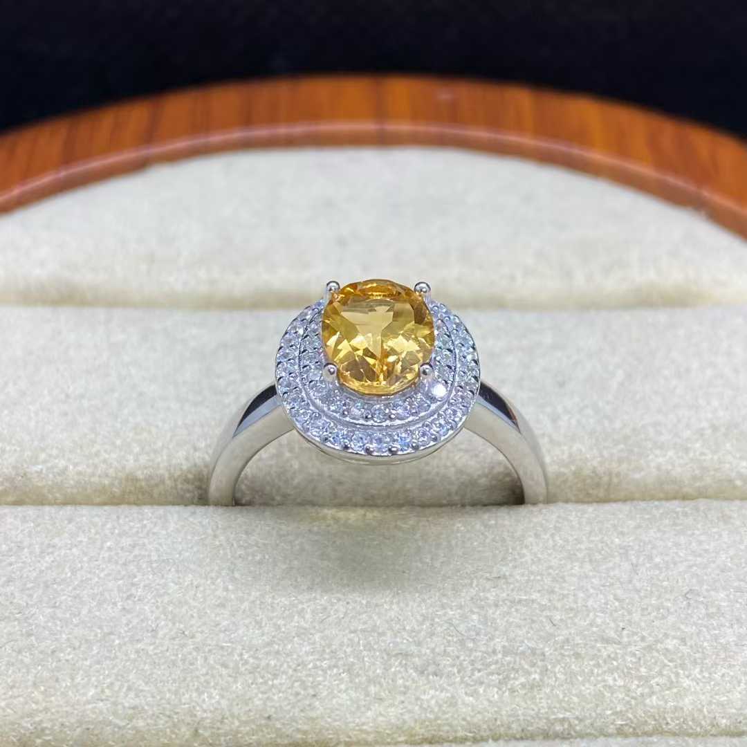 Natural Citrine Double Halo Ring in 925 Sterling Silver, 6x8mm Gemstone