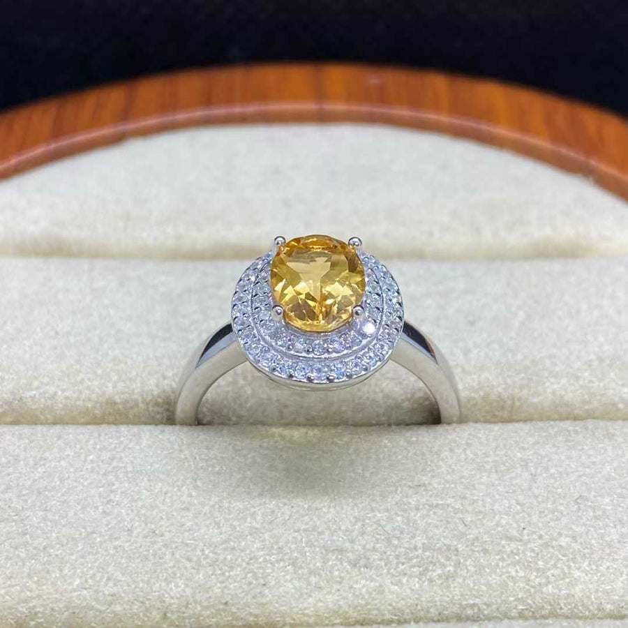 Natural Citrine Double Halo Ring in 925 Sterling Silver, 6x8mm Gemstone