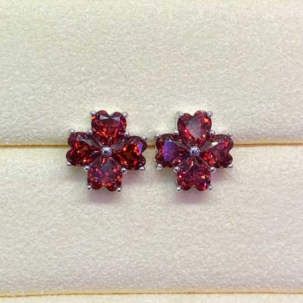 Natural Garnet Flower Stud Earrings in 925 Sterling Silver, 4mm Gemstones