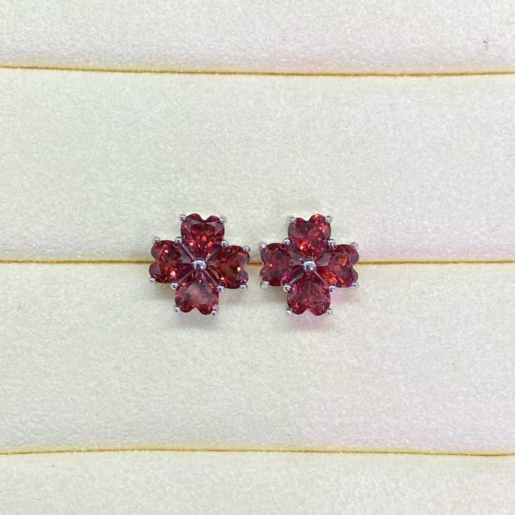 Natural Garnet Flower Stud Earrings in 925 Sterling Silver, 4mm Gemstones
