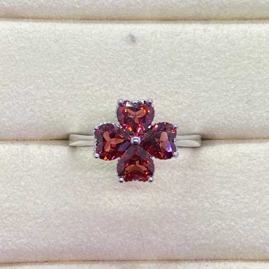 Natural Garnet Flower Ring in 925 Sterling Silver, 5mm Gemstones