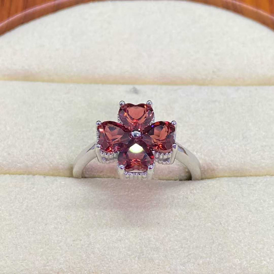 Natural Garnet Flower Ring in 925 Sterling Silver, 5mm Gemstones