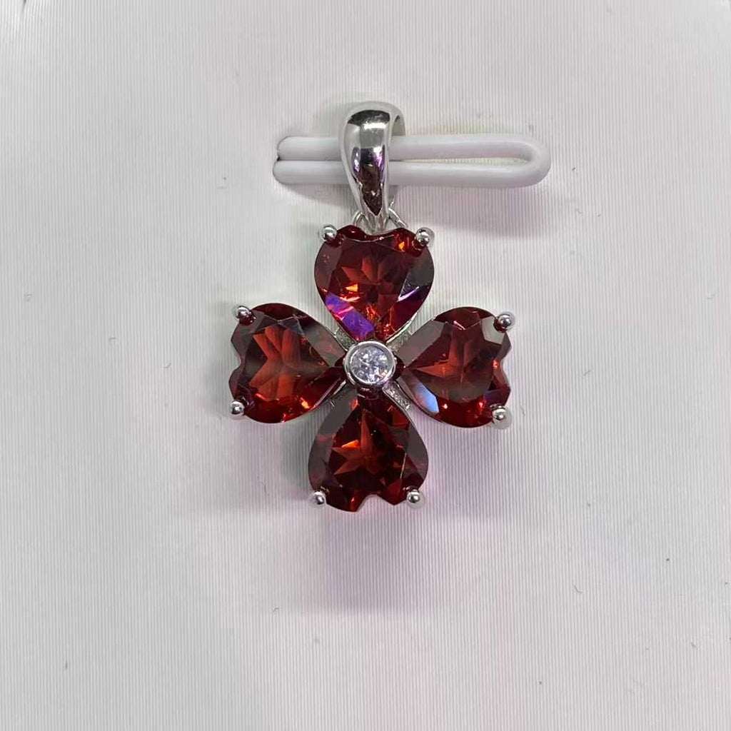 Natural Garnet Flower Pendant in 925 Sterling Silver, 6mm Gemstone