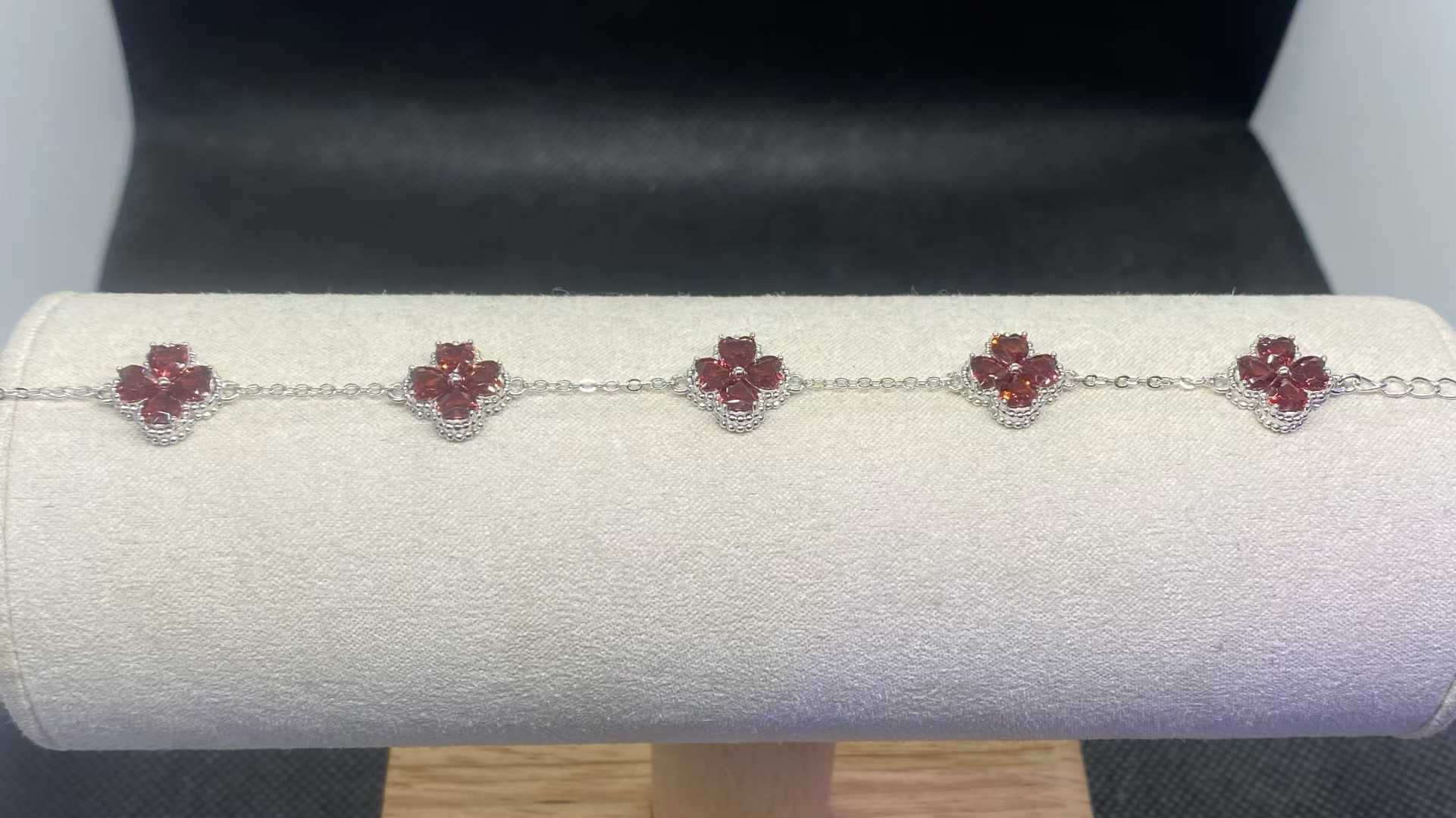 Natural Garnet Flower Bracelet in 925 Sterling Silver, 4mm Gemstones