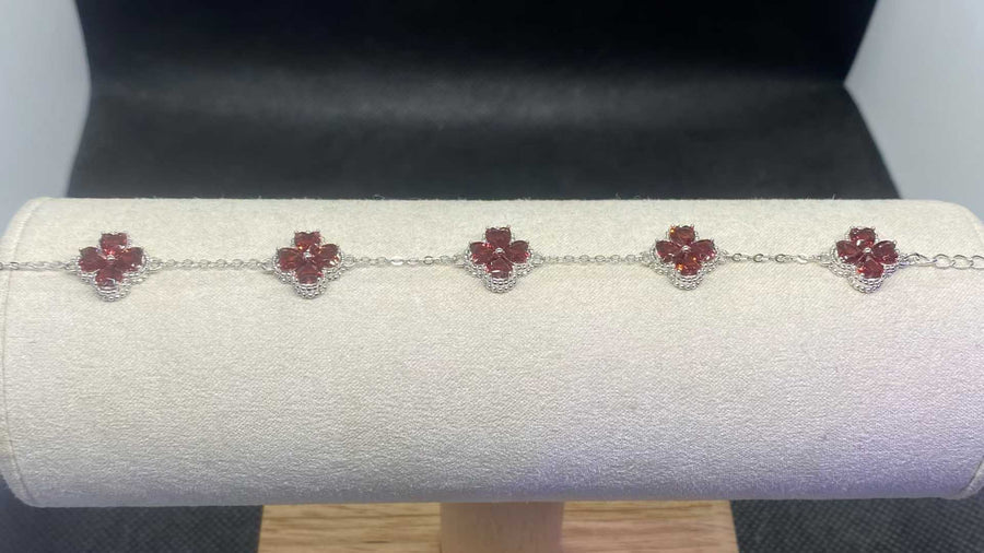 Natural Garnet Flower Bracelet in 925 Sterling Silver, 4mm Gemstones