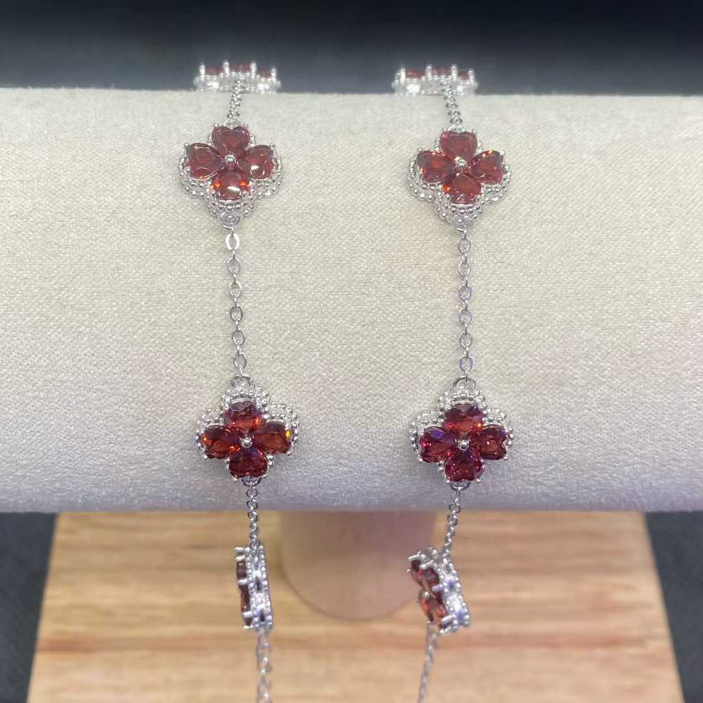 Natural Garnet Flower Bracelet in 925 Sterling Silver, 4mm Gemstones