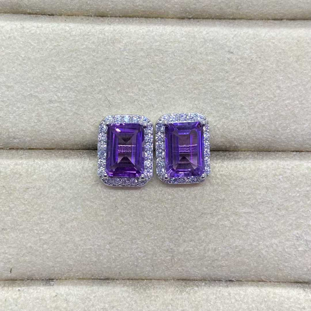 Natural Amethyst Halo Stud Earrings in 925 Sterling Silver, 5×7mm Gemstones