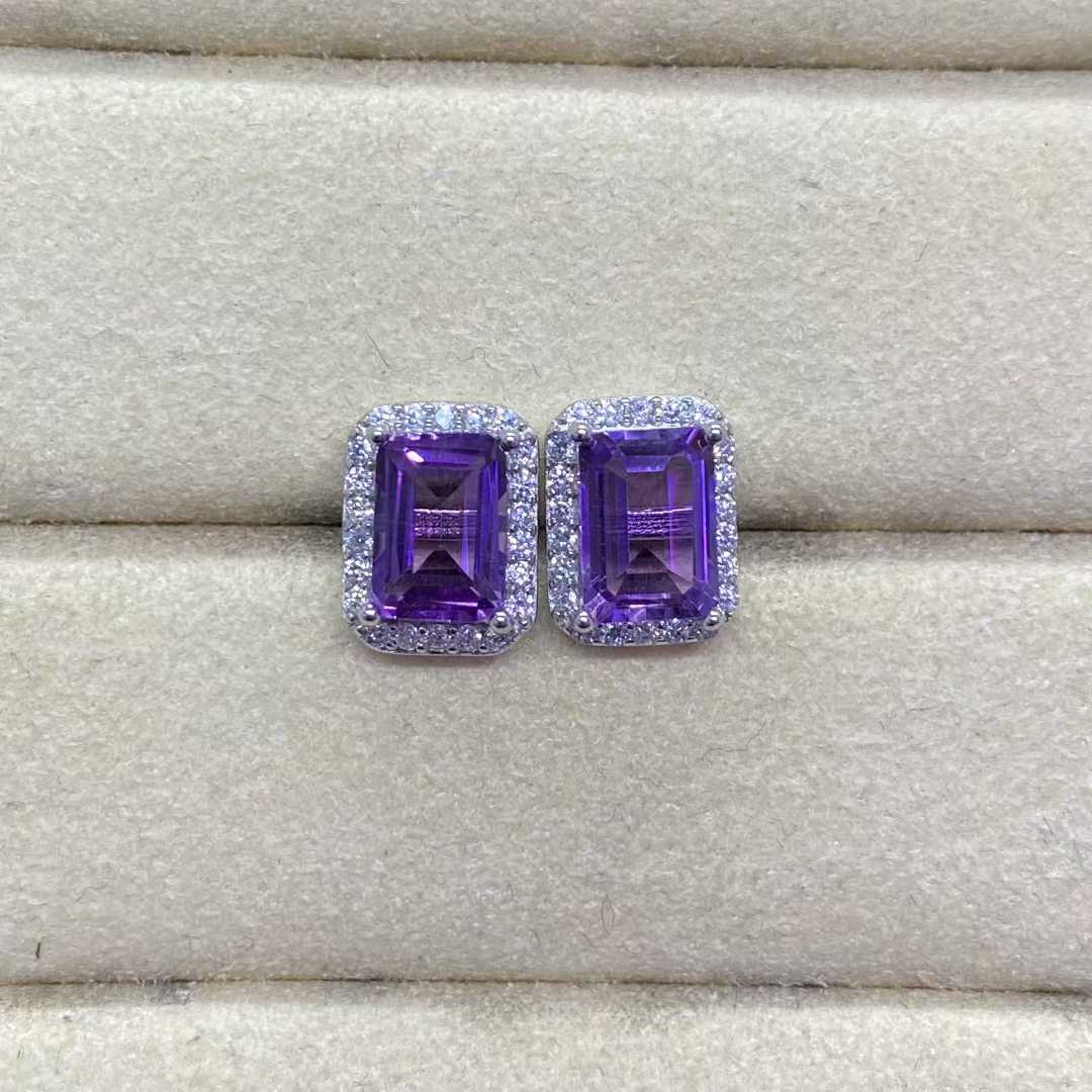 Natural Amethyst Halo Stud Earrings in 925 Sterling Silver, 5×7mm Gemstones
