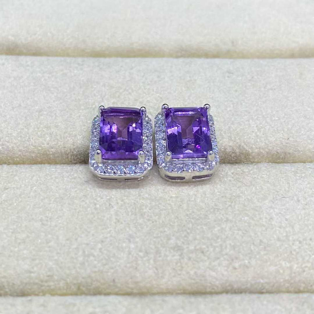 Natural Amethyst Halo Stud Earrings in 925 Sterling Silver, 5×7mm Gemstones
