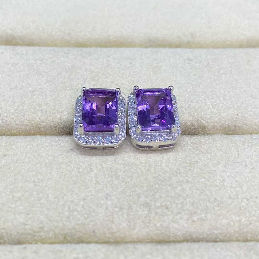 Natural Amethyst Halo Stud Earrings in 925 Sterling Silver, 5×7mm Gemstones
