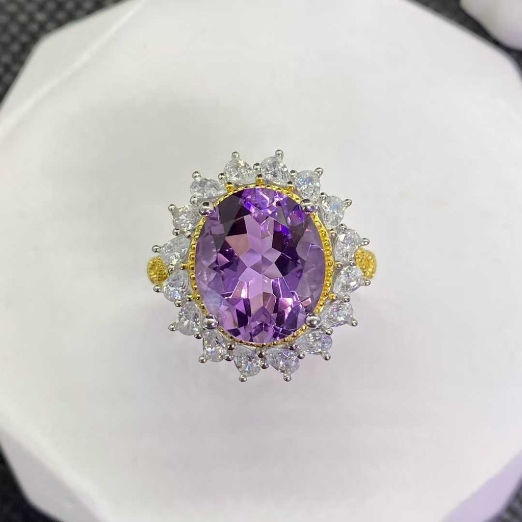 Natural Amethyst Vintage Halo Ring in 925 Sterling Silver, 10×12mm Oval Gemstone