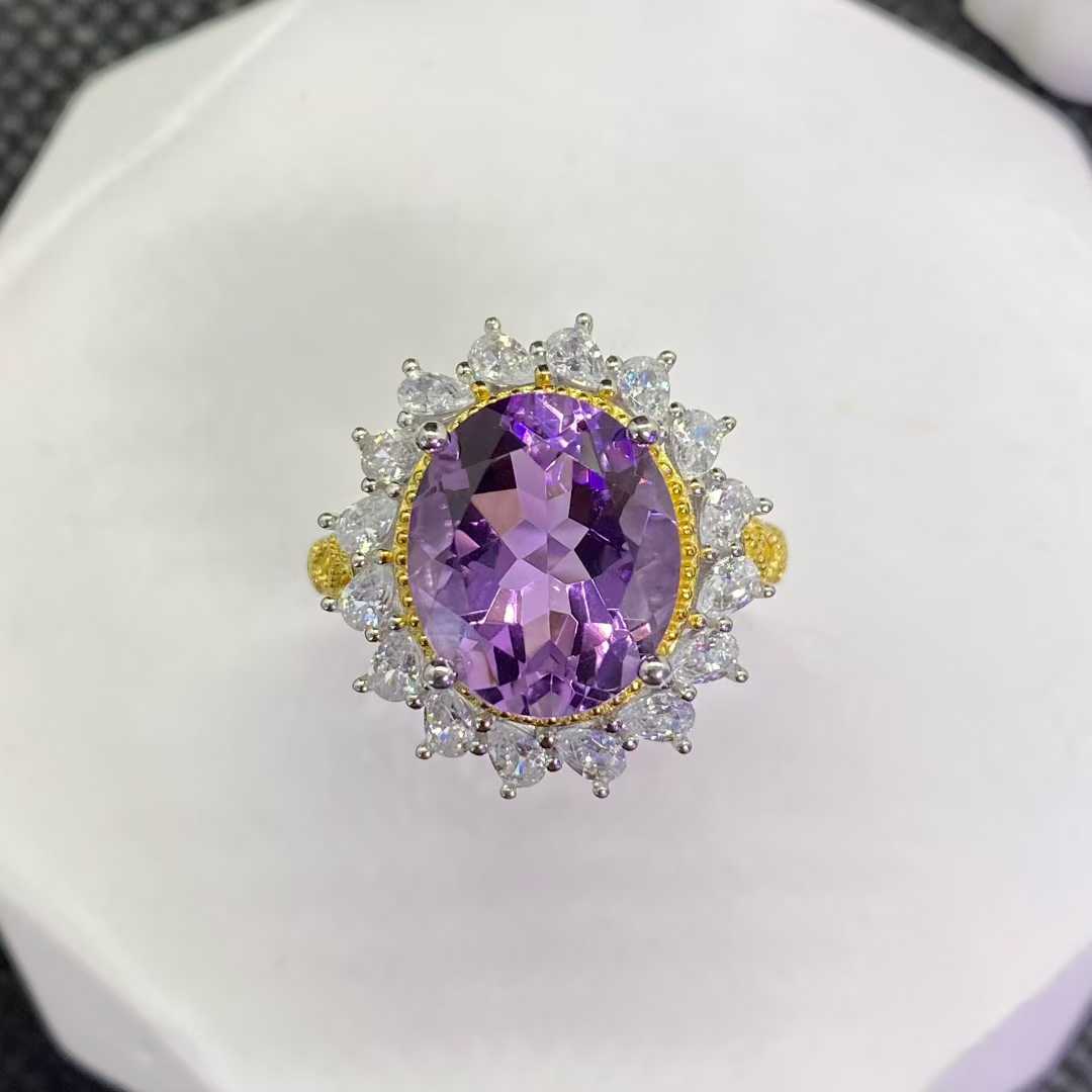 Natural Amethyst Vintage Halo Ring in 925 Sterling Silver, 10×12mm Oval Gemstone