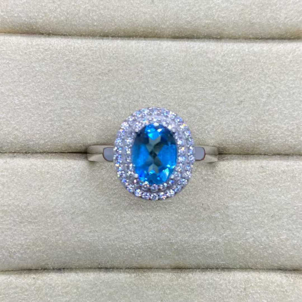Natural Blue Topaz Double Halo Ring in 925 Sterling Silver, 6×8mm Oval Gemstone