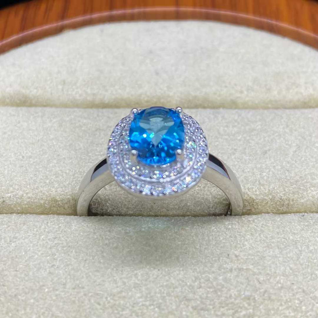 Natural Blue Topaz Double Halo Ring in 925 Sterling Silver, 6×8mm Oval Gemstone
