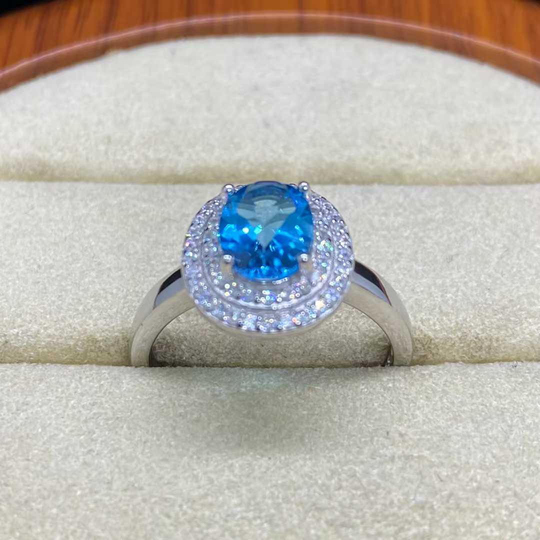 Natural Blue Topaz Double Halo Ring in 925 Sterling Silver, 6×8mm Oval Gemstone