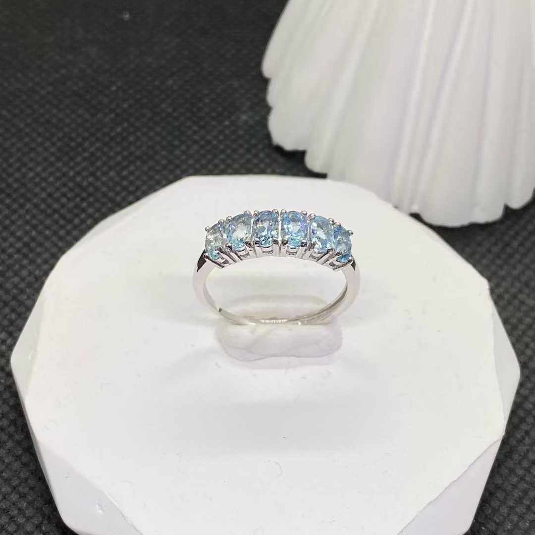Natural Aquamarine Half-Eternity Ring in 925 Sterling Silver, 3x5mm Gemstones