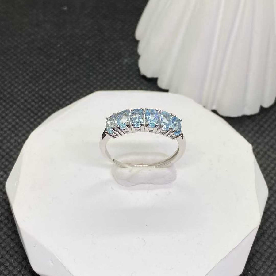 Natural Aquamarine Half-Eternity Ring in 925 Sterling Silver, 3x5mm Gemstones