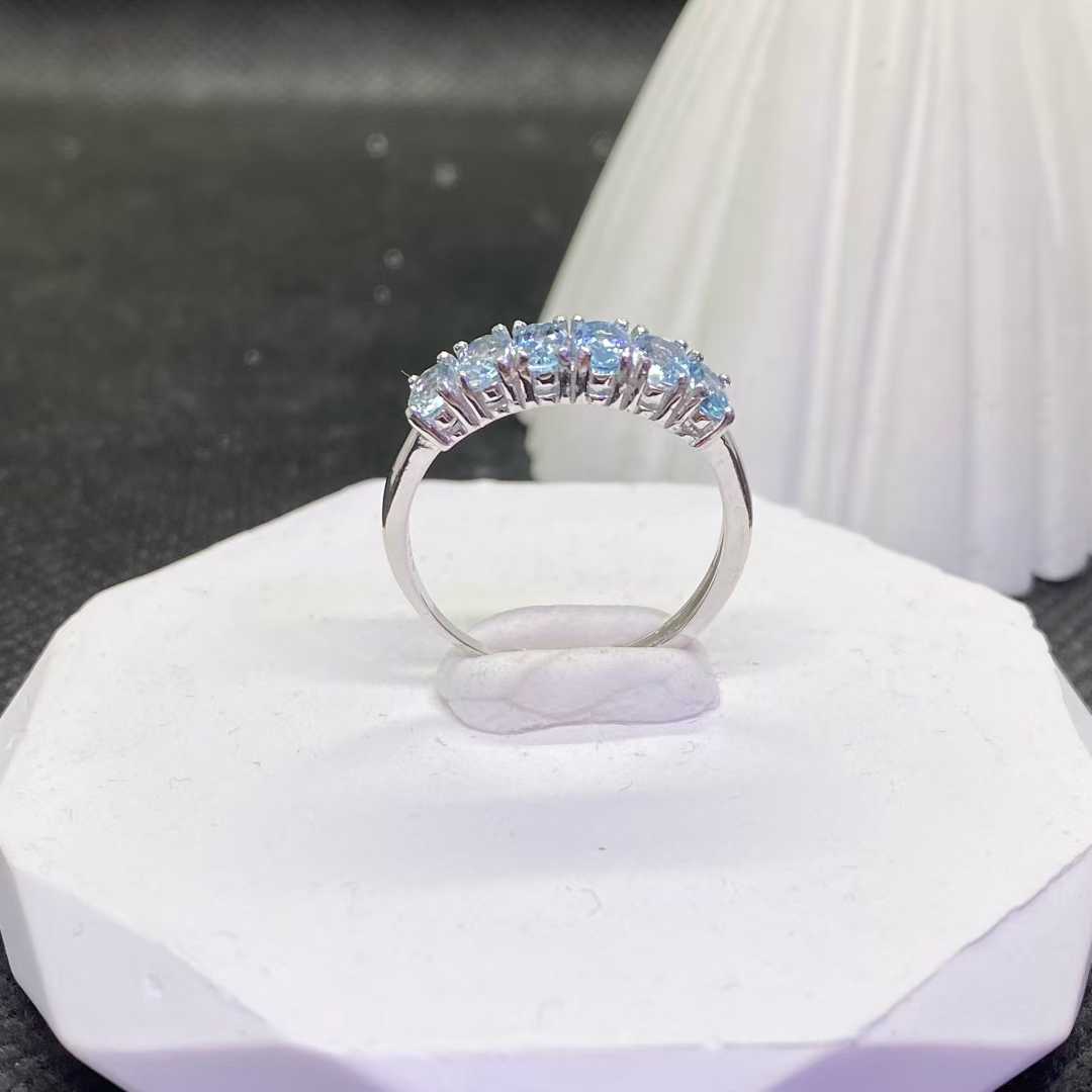 Natural Aquamarine Half-Eternity Ring in 925 Sterling Silver, 3x5mm Gemstones