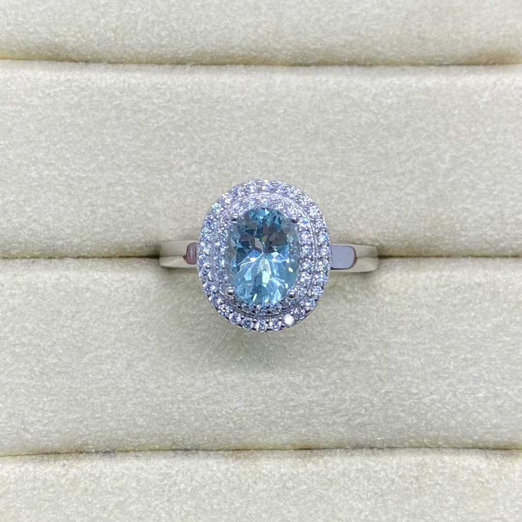 Natural Aquamarine Halo Ring in 925 Sterling Silver, 6x8mm Gemstone