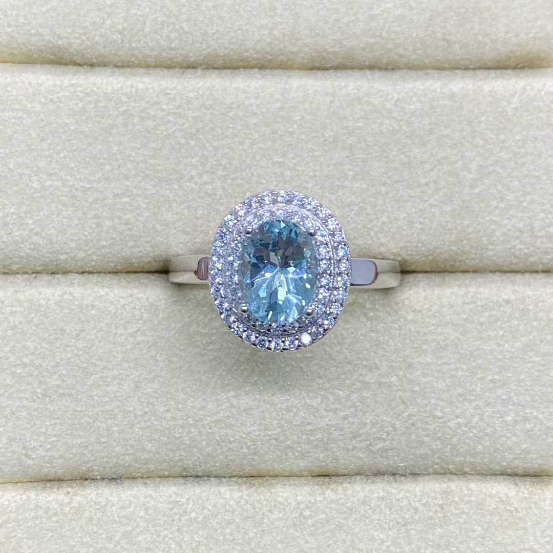 Natural Aquamarine Halo Ring in 925 Sterling Silver, 6x8mm Gemstone