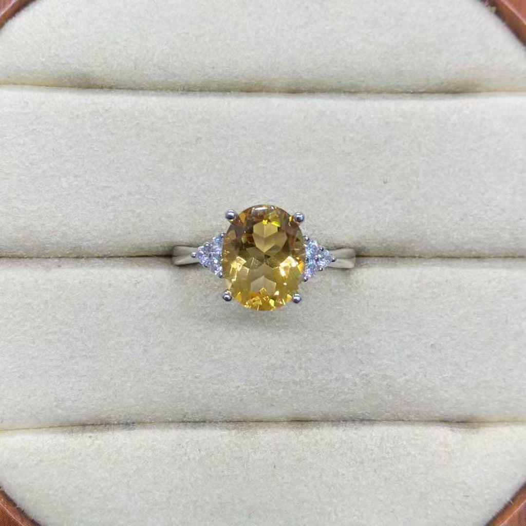 Natural Citrine Side-Accent Ring in 925 Sterling Silver, 8x10mm Oval Gemstone