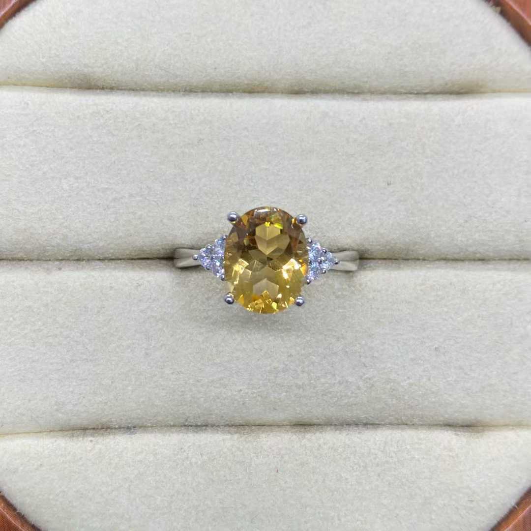 Natural Citrine Side-Accent Ring in 925 Sterling Silver, 8x10mm Oval Gemstone