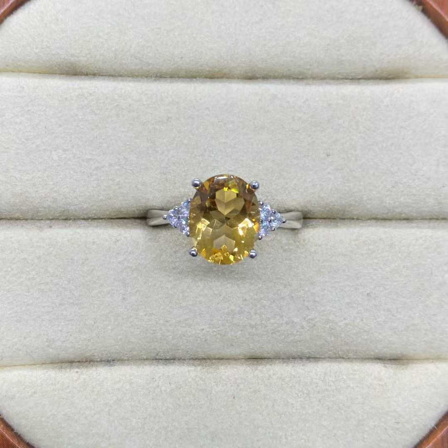 Natural Citrine Side-Accent Ring in 925 Sterling Silver, 8x10mm Oval Gemstone