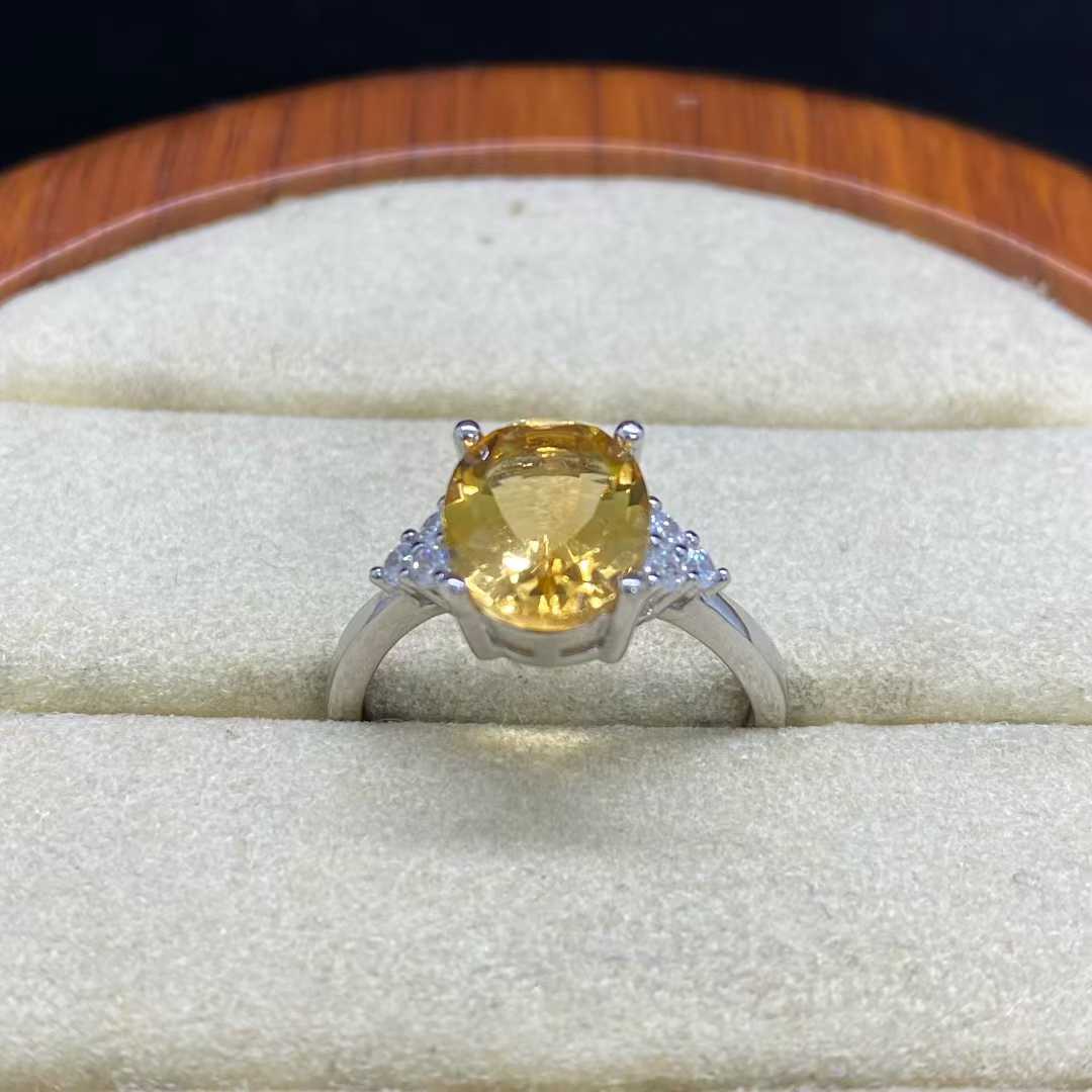 Natural Citrine Side-Accent Ring in 925 Sterling Silver, 8x10mm Oval Gemstone