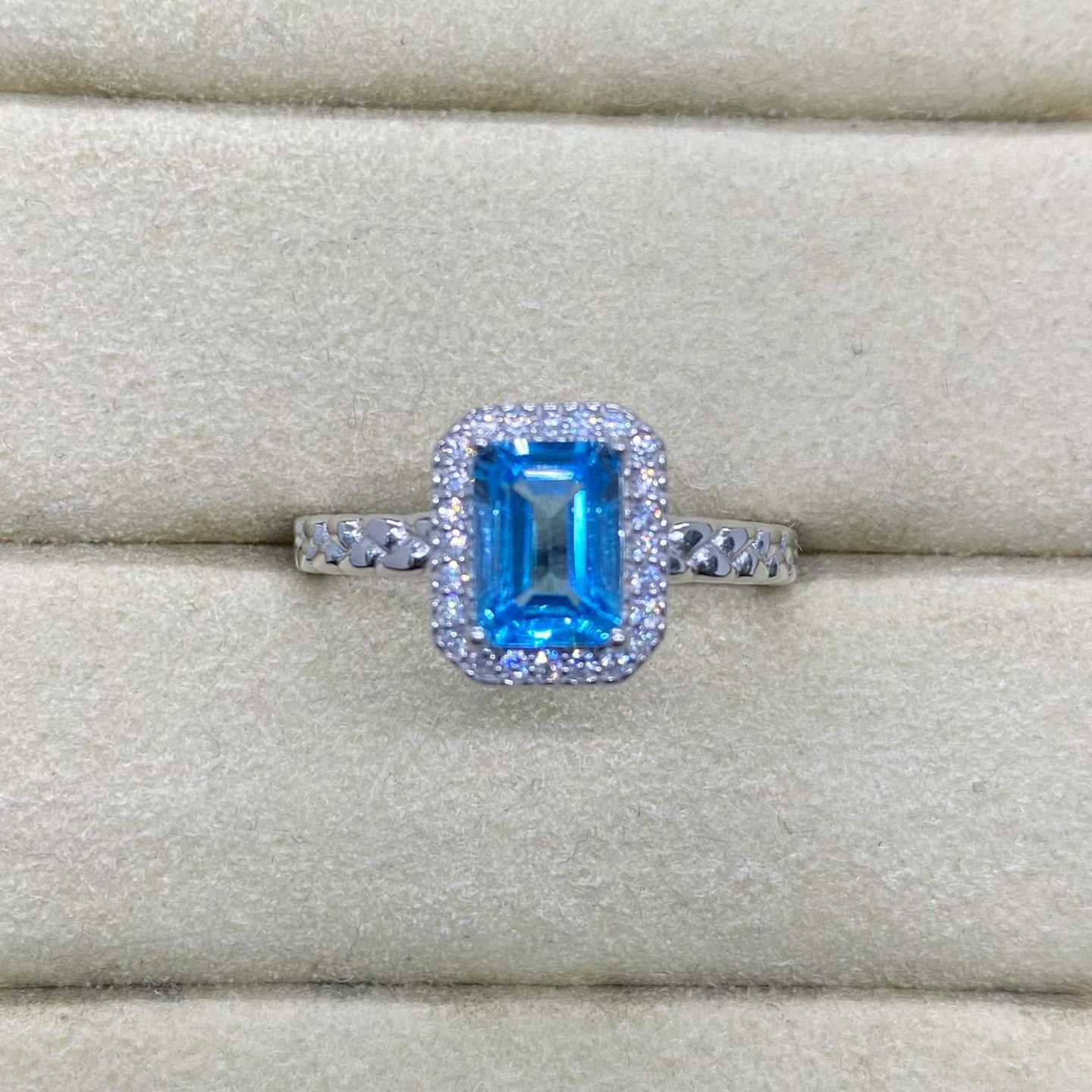 Natural Swiss Blue Topaz Halo Ring in 925 Sterling Silver, 5×7mm Gemstone