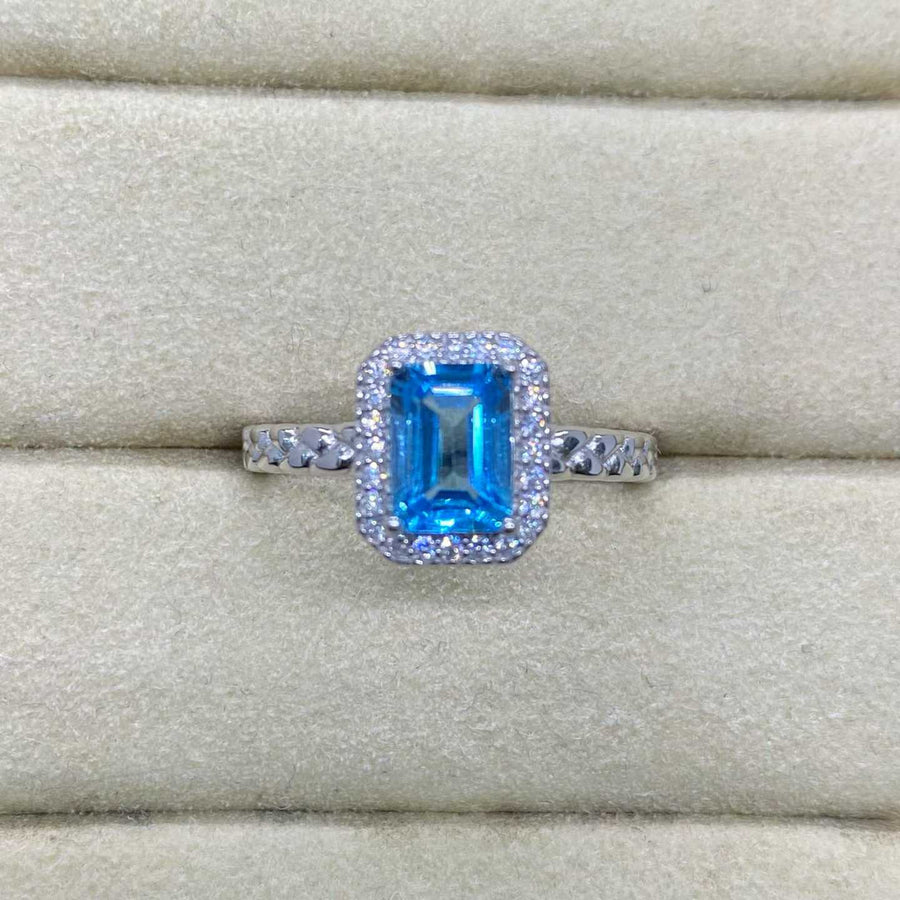 Natural Swiss Blue Topaz Halo Ring in 925 Sterling Silver, 5×7mm Gemstone
