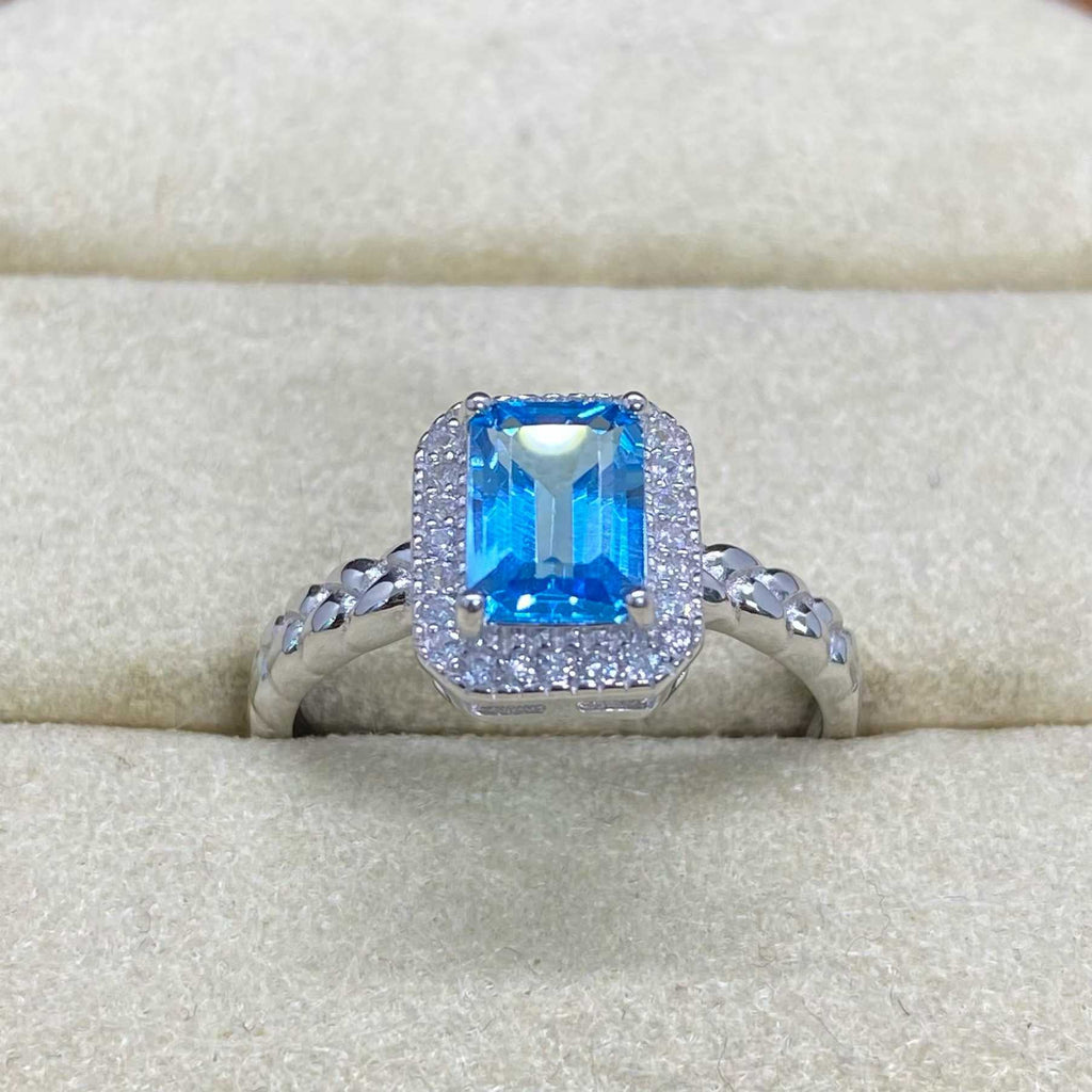 Natural Swiss Blue Topaz Halo Ring in 925 Sterling Silver, 5×7mm Gemstone