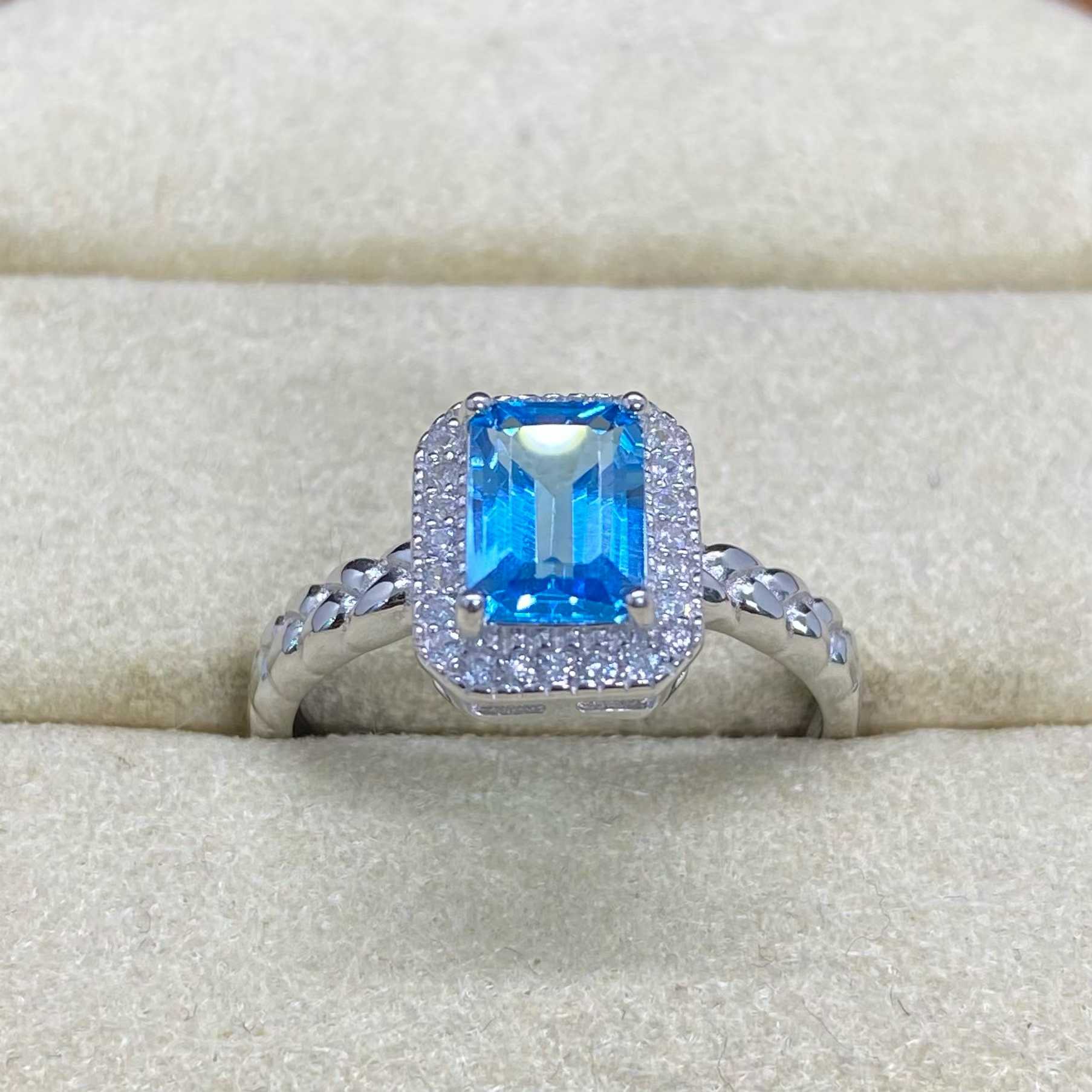 Natural Swiss Blue Topaz Halo Ring in 925 Sterling Silver, 5×7mm Gemstone
