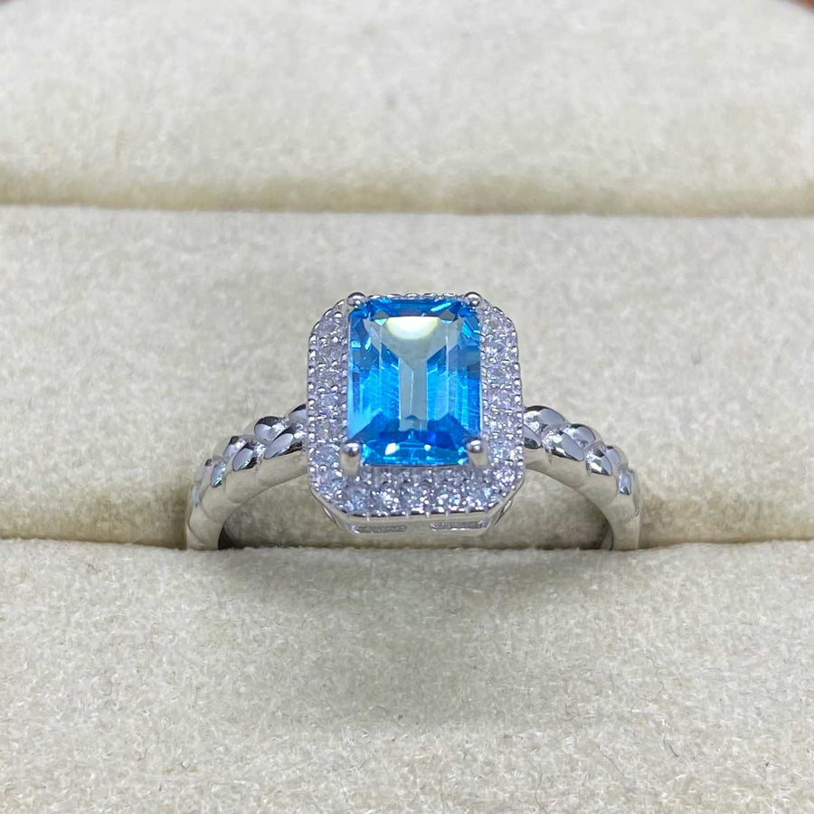Natural Swiss Blue Topaz Halo Ring in 925 Sterling Silver, 5×7mm Gemstone