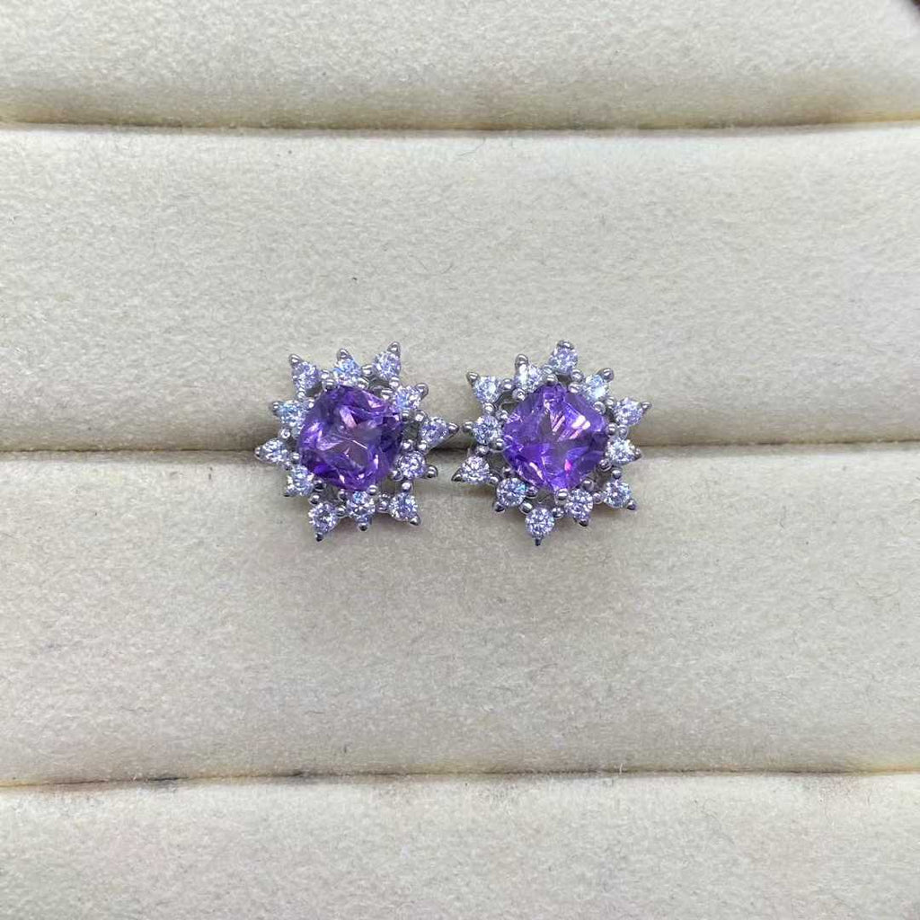 Natural Amethyst Floral Halo Stud Earrings in 925 Sterling Silver, 5mm Gemstones