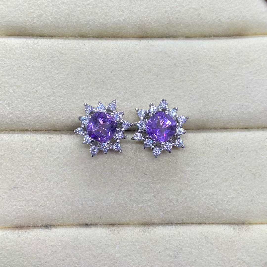 Natural Amethyst Floral Halo Stud Earrings in 925 Sterling Silver, 5mm Gemstones